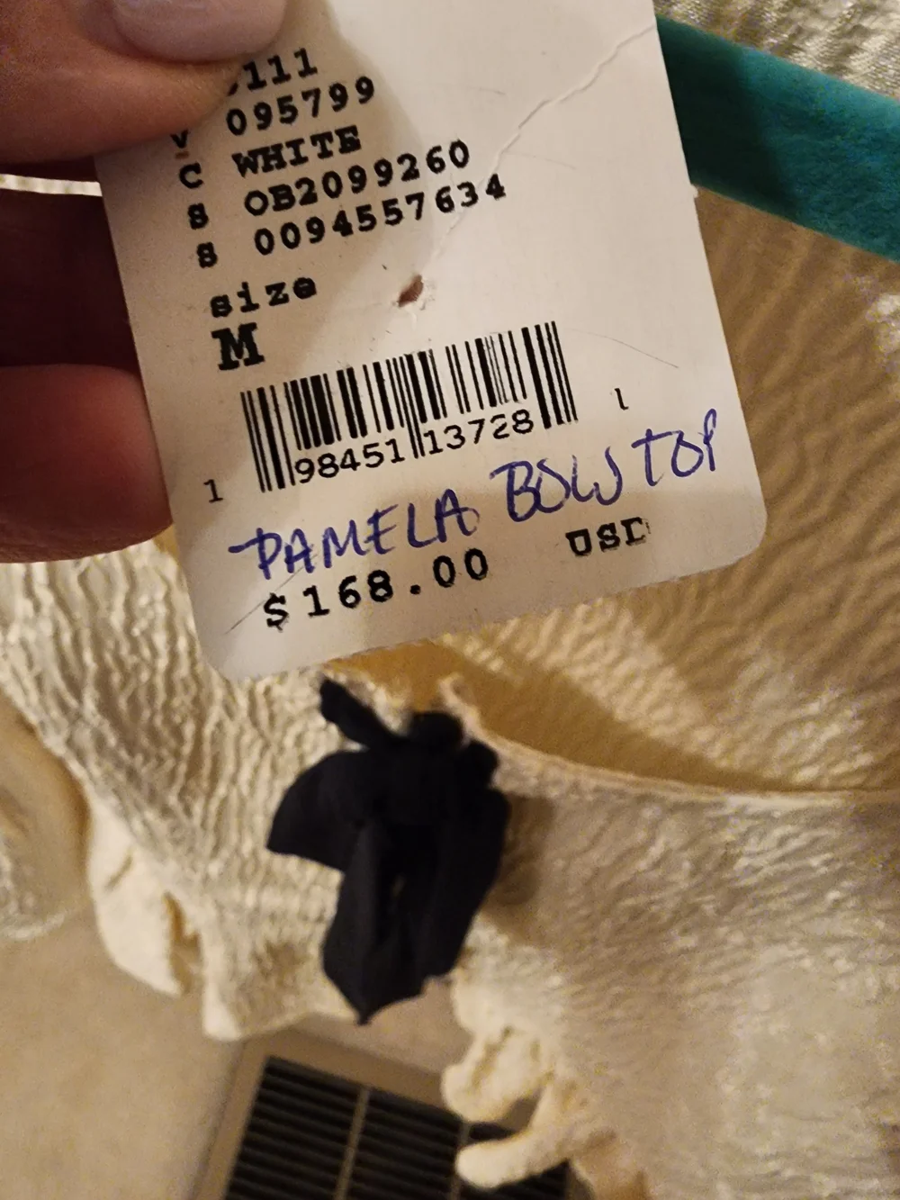 Free People Ivory Puff-Sleeve Peplum Top with Black Ribbon